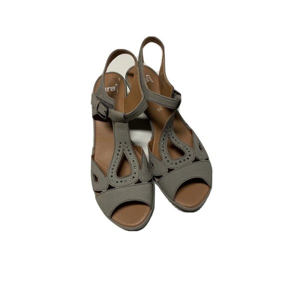 Ara Shoes - Ara Sandals Womens 9 Taupe Gray Wedge Heel Ankle Strap
